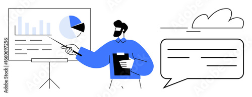 Presenter holding clipboard pointing to chart with graphs, pie sections, and data on screen. Ideal for business analysis, training, marketing, teamwork, communication, education and strategy