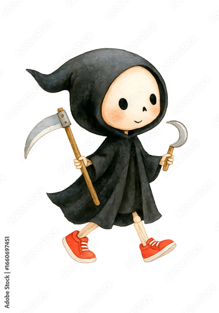 Obraz premium Cute Grim Reaper Watercolor Illustration, Halloween Skeleton Character with Scythe Clipart Isolated