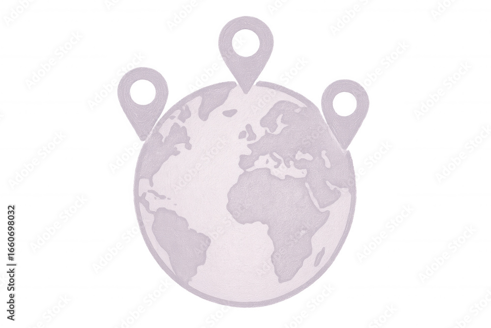 Obraz premium Location pins marking global destinations, positioned on light purple textured earth globe against transparent backdrop