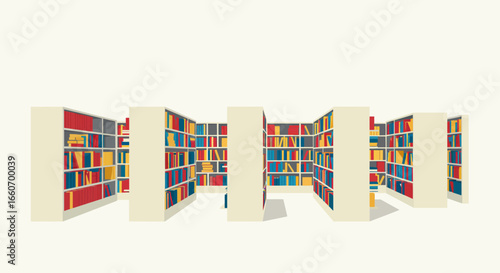 Stylized illustration depicts a library with rows of colorful books on shelves, minimalist design.