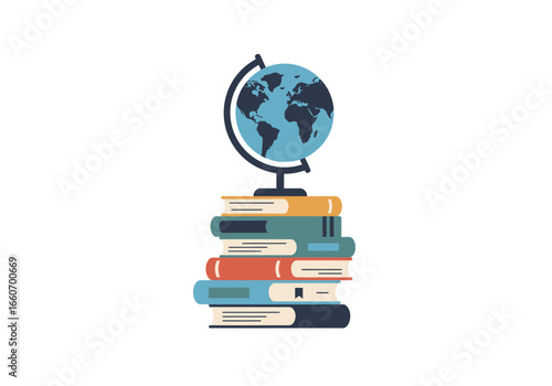 A stylized globe resting atop a stack of colorful books, symbolizing global knowledge and education.