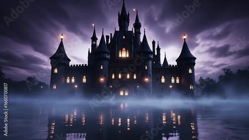 Mysterious Dark Fantasy Castle at Night with Dramatic Sky and Misty Reflection.