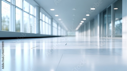 Wallpaper Mural Long, Brightly Lit Modern Office Corridor With Clean White Walls And Reflective Floor, Minimalist Interior Design, Contemporary Architecture, Bright Torontodigital.ca