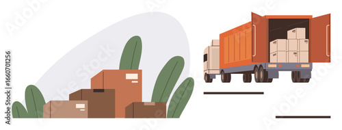 Delivery truck unloading cardboard boxes by greenery. Ideal for logistics, transport, distribution, e-commerce, shipping, warehouse, goods delivery. Simplistic flat metaphor