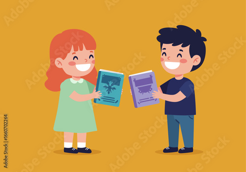 Two smiling children, a girl and a boy, are exchanging books with each other against a solid yellow background.
