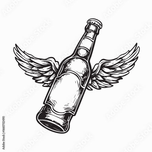 Flying Beer Bottle with Wings Vector Illustration in Minimal Style for Creative Design
