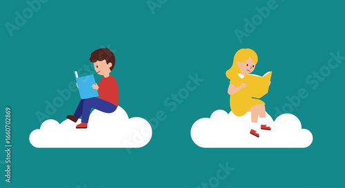 Illustration of a boy and a girl sitting on clouds reading books against a teal background.