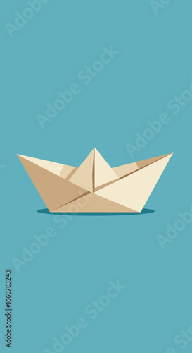 Simple origami paper boat against a teal background.