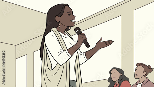 African American Woman Giving Presentation with Microphone.