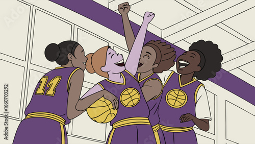 Animated Basketball Team Celebrating Victory Together.
