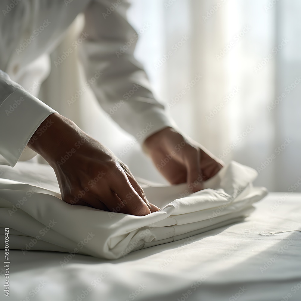 Fototapeta premium Hands carefully folding crisp white fabric with soft natural light illuminating the scene