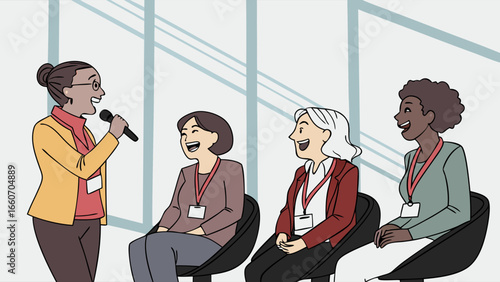 Businesswoman giving presentation to laughing colleagues.