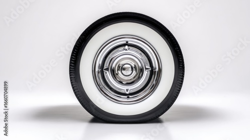 Detailed Close Up Of A Classic Whitewall Tire On A Black Rim Against A White Background
