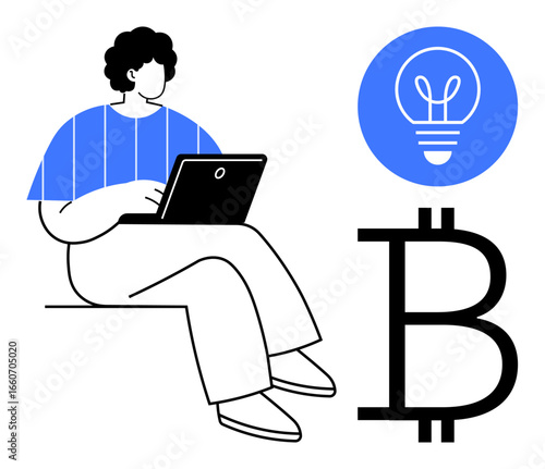 Individual using a laptop, Bitcoin logo symbolizing cryptocurrency, and light bulb representing ideas. Ideal for technology, finance, cryptocurrency, innovation, start-ups, productivity simple