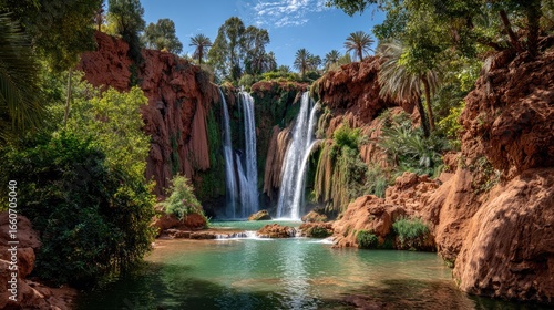 Stunning Double Waterfall Cascading Into A Lush Green Pool Surrounded By Red Rocks And Abundant Greenery Under A Bright Sunny Sky A Picturesque