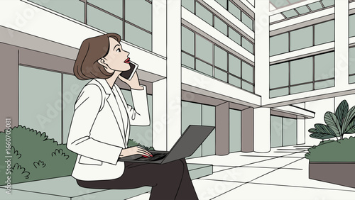 Businesswoman working on laptop and phone call outside modern office building.