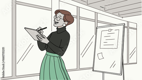 Cartoon Woman Taking Notes in Office Setting.