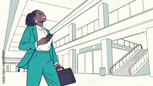 Confident Businesswoman in Teal Suit Holding Smartphone.