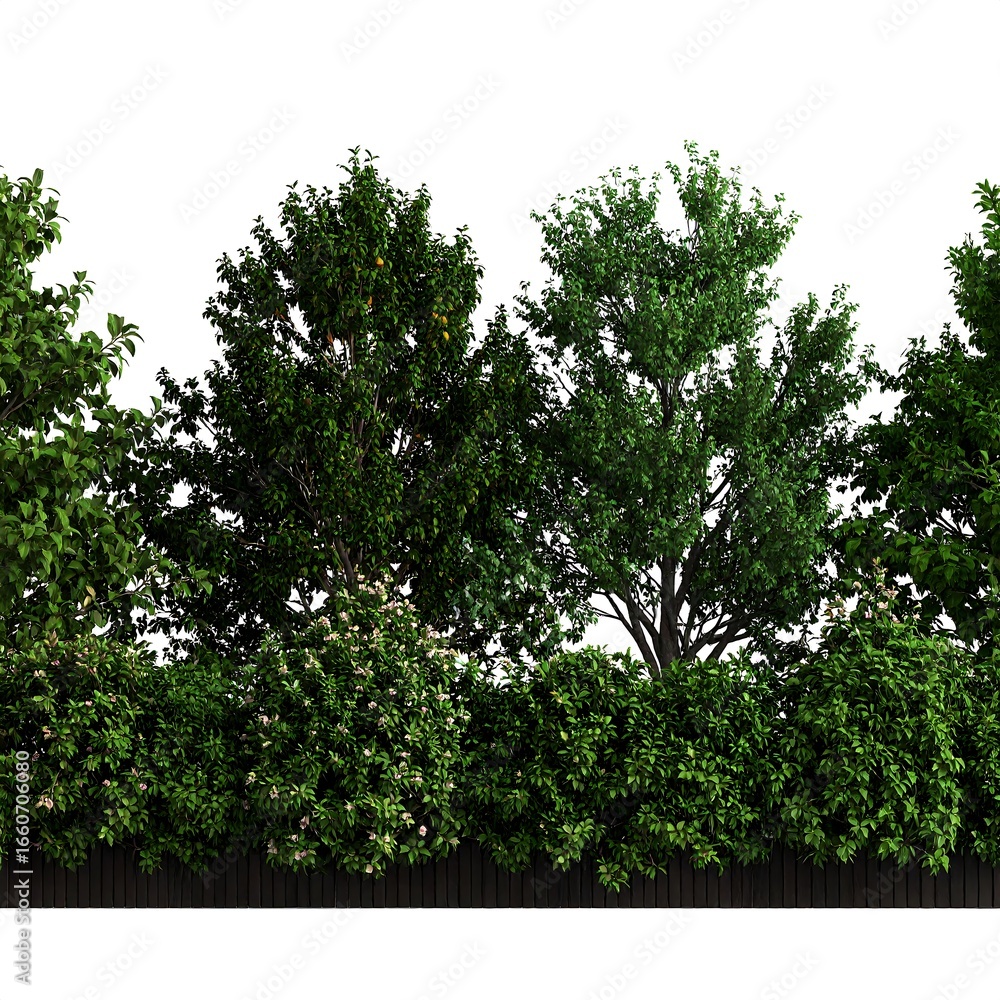 Fototapeta premium Lush green trees and shrubs border