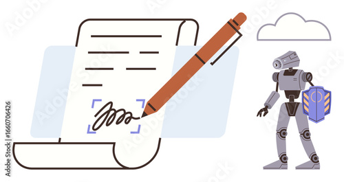 Robotic figure with shield, paper with pen signing signature, light cloud. Ideal for technology, automation, AI, cybersecurity, digital contracts, innovation workflow management simple flat