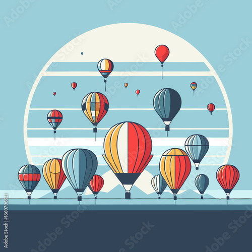 Colorful hot air balloons flying in a stylized sky.