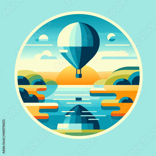 Colorful Hot Air Balloon Over Beach and Lake Landscape.