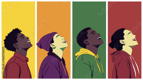 Diverse Group of People Looking Upward Joyfully.