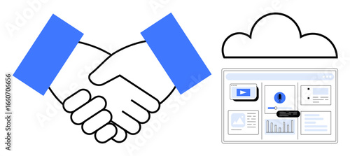 Handshake between two individuals representing collaboration alongside a cloud and dashboard with charts, analytics, and media. Ideal for teamwork, technology, data, innovation, networking, business