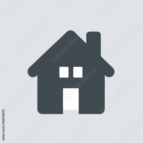 Minimalist dark grey house icon with pointed roof chimney and windows.
