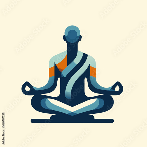 Stylized Graphic Illustration of Person Meditating in Lotus Pose with Blue and Orange Colors.