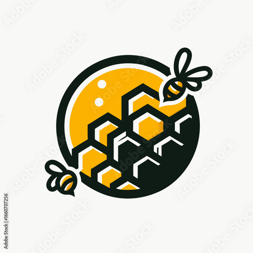 Stylized Honeycomb and Bees Logo Illustration.