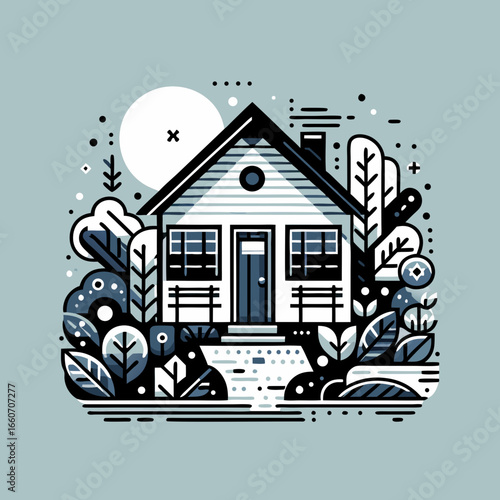 Stylized House with Garden Illustration in Minimalist Vector Art.