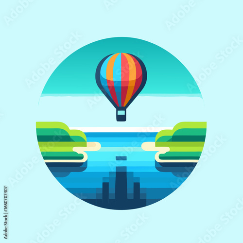 Vibrant Hot Air Balloon Flying Over Stylized Cityscape and Nature.