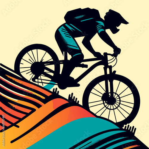 Vibrant Green Mountain Biker Descending Abstract Trail Illustration.