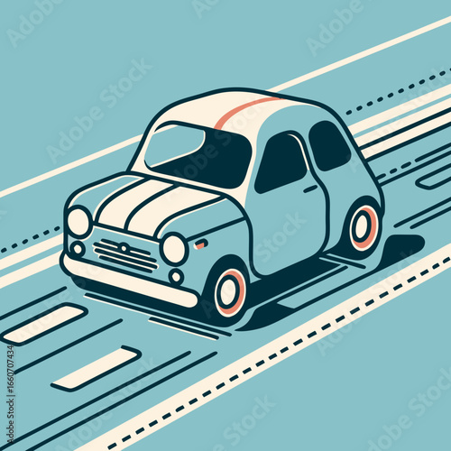 Vibrant Retro Compact Car Illustration on Blue Road.