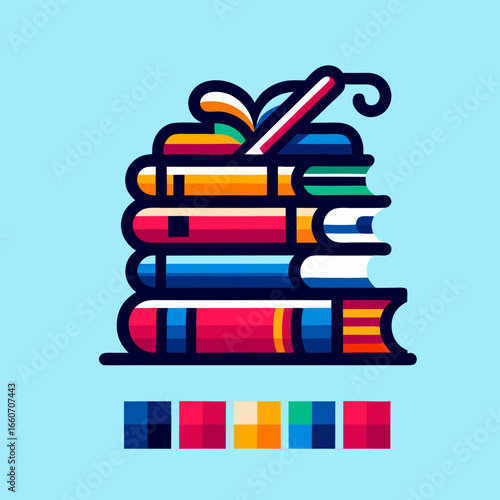 Vibrant Stack of Books with Decorative Top Flat Vector Illustration.