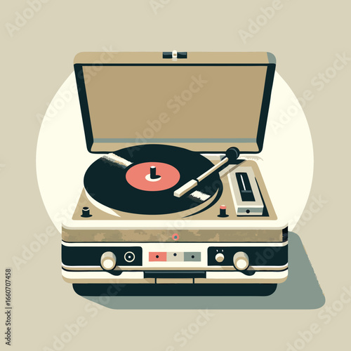 Vintage portable record player with vinyl record and open lid.