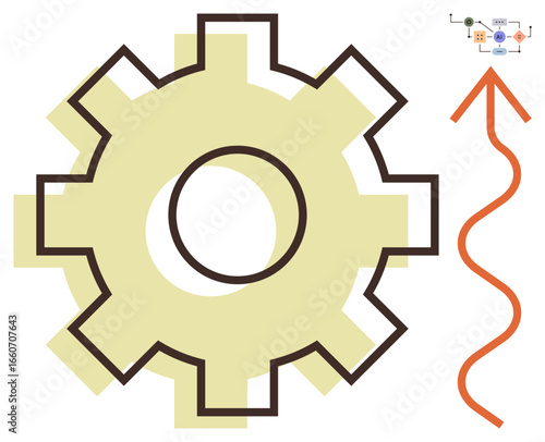 Large gear with adjacent flowchart symbolizing process, efficiency, and organization. Upward orange path denotes growth, innovation, and success. Ideal for teamwork, strategy, improvement