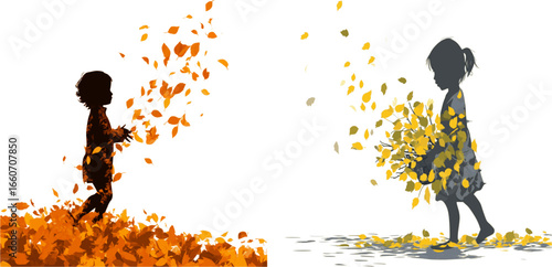Children playing with autumn leaves vector illustration fall season fun time joy