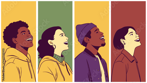Four Diverse Joyful People Profile Portraits in Retro Style.
