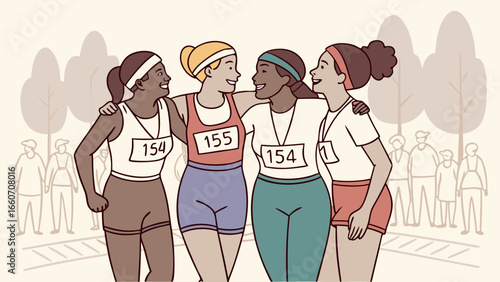 Four Smiling Female Runners Celebrating Together After a Race.