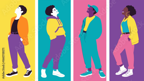 Four Stylish Figures in Vibrant Retro Outfits.