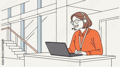 Friendly Customer Service Representative Working on Laptop in Office.