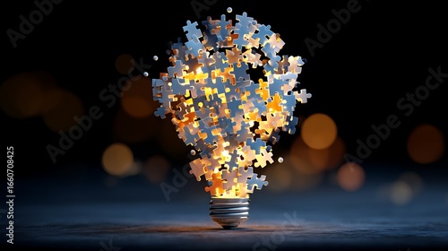 Light Bulb with Puzzle Pieces Floating Inside Bright Creative Concept