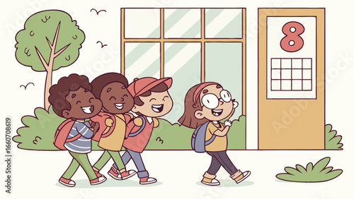 Happy Diverse Children Walking to School Together.