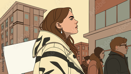 Illustrated Woman Protesting in Cityscape with Blank Sign.
