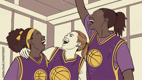 Joyful Basketball Players Celebrating Victory in Uniforms.