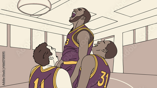 Joyful Basketball Team Celebrating Victory Indoor Court.