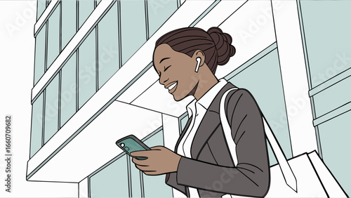 Smiling Black Businesswoman Using Smartphone Outside Modern Office Building.