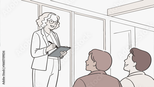 Smiling businesswoman giving presentation taking notes on clipboard.